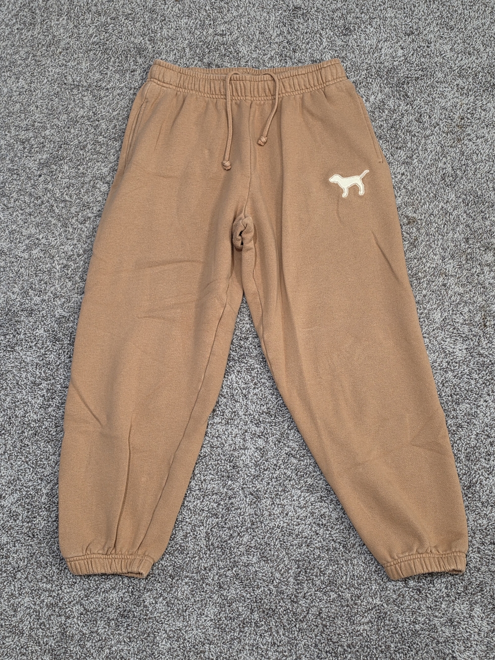 PINK Victoria's Secret Tan Drawstring Track Joggers with Dog Logo